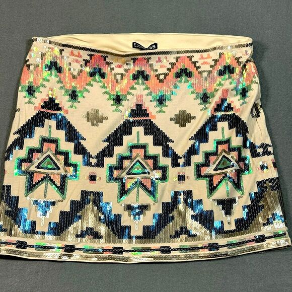 Express Mini Skirt Womens Small Beige Aztec Multicolor Sequins Lined Southwest S - Picture 1 of 6